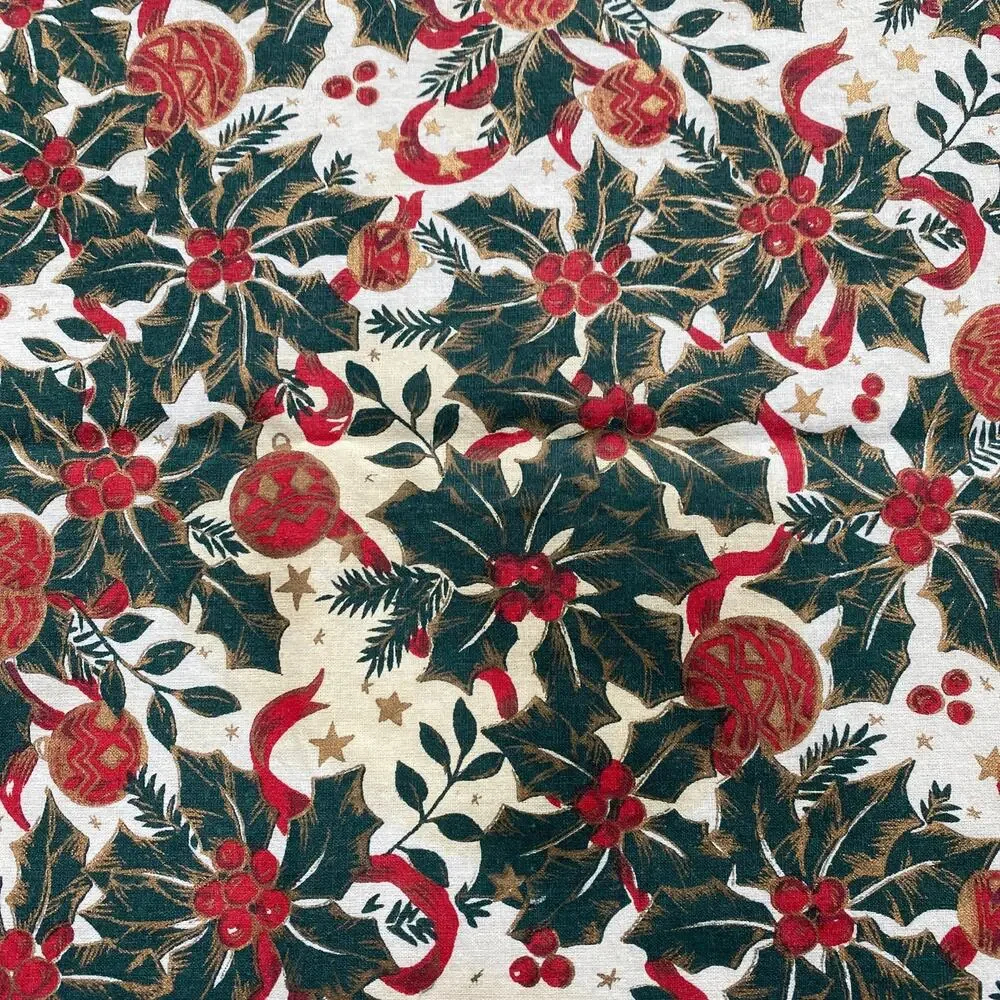 Christmas tablecloth cream red green holly & ornaments festive traditional cloth
